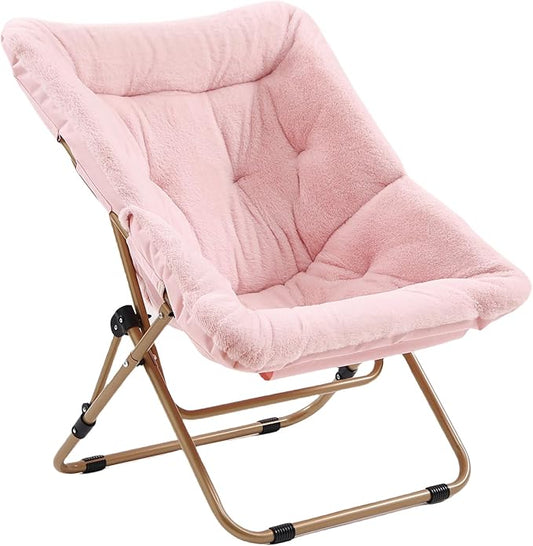 Comfy Folded Chair, Soft Faux Fur Oversized Folding Chair, Flexible Lazy Chair for Kids Girls Teens Adults, Metal Frame Moon Chair for Dorm Rooms, Bedroom, Living Room