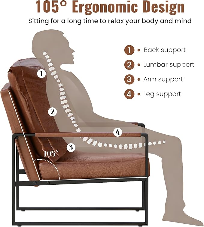 AWQM Modern PU Leather Accent Chair Arm Chair with Extra-Thick Padded Backrest and Seat Cushion Sofa Chairs for Living Room Bedroom, 105 Degree Slant Back, Non-Slip Adsorption Feet-Brown-1（Set of 1）