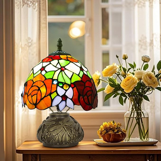 Small Tiffany Table Lamp,Stained Glass Lamp,8 Inch Mushroom Style Mini Vintage Desk Lights for Bedside, Bedroom,Nightstand,Living Room,3 Color Temperature (Tow Tone Rose)