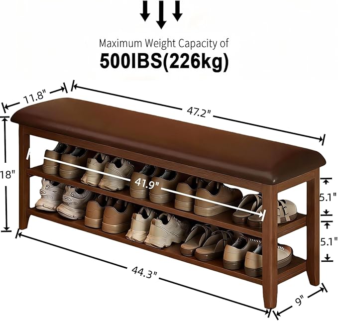 Shoe Bench Storage with Leather Cushion, Rustic Solid Wood Entryway Bench with 2 Height-Adjustable and Removable Shelves for Hallway, Living Room, Mudrooms (Dark Brown,47.2")