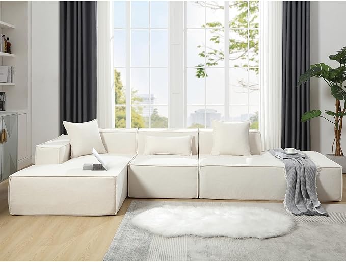 Ball & Cast 129" Tofu Block Modular Sofa Set with Left-Hand Facing Chaise,Modern Sectional Couch W/Square Armrest & Pillows,Free Combination,Italian Minimalist Style,for Livingroom,Beige Terrycloth