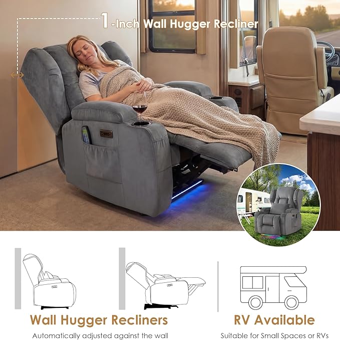 SAMERY Power Recliner Chair, Electric Wall Hugger Recliner Chair Reclining Sofa Home Theater Seating for Living Room with Massage & Heat, USB, LED Lights, Cup Holders, Side Pockets, Lumbar Pillow | 1-Inch Wall Hugger, Extra Wide Seat, Full Body Comfort...