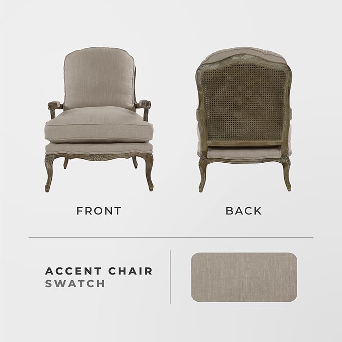 Lexicon Oak Distressed Solid Wood Accent Chair with Feather Down Seating, Natural Linen Fabric Padded Armchair for Living Room, Bedroom, Reading Room, or Sunroom, Neutral