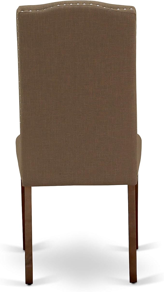 East West Furniture ENP3T18 Encinal Parson Dining Chairs - Nailhead Trim Dark Coffee Linen Fabric Upholstered Chairs, Set of 2, Mahogany