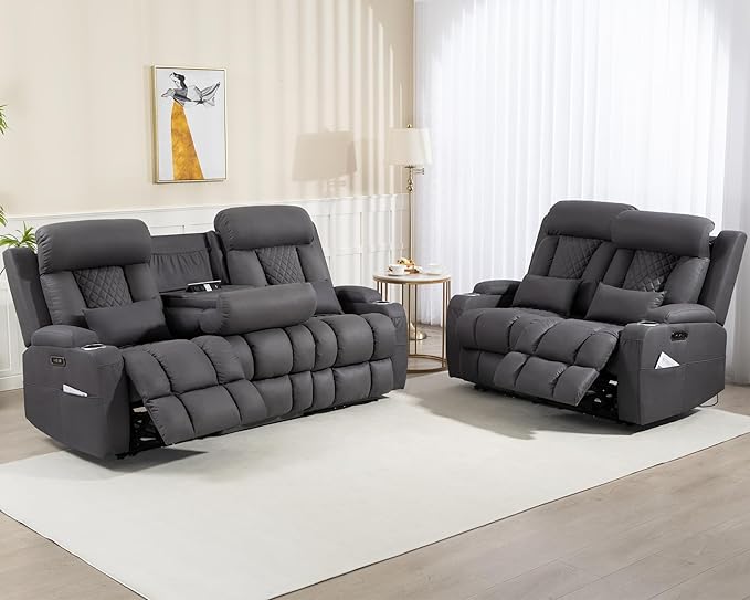Zero Wall Hugger Power Reclining Sofa Set with Adjustable Headrest, Electric Reclining Couch with Drop-Down Table,Outlets, Power Loveseat Recliner Sofa for Living Room (Gray, Sofa+Loveseat)