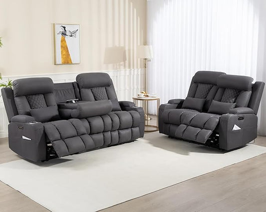 Zero Wall Hugger Power Reclining Sofa Set with Adjustable Headrest, Electric Reclining Couch with Drop-Down Table,Outlets, Power Loveseat Recliner Sofa for Living Room (Gray, Sofa+Loveseat)