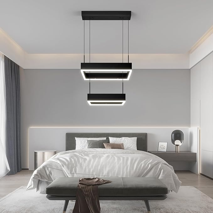 Modern 2 Ring Dimmable Square Black Chandelier with Adjustable Pendant for Dining, Bedroom, Living Room