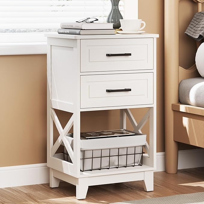 White Nightstand, Tall Side Table with 2 Drawers and Open Shelf, Bedside Table with Solid Feet, Modern Night Stand End Table for Bedroom, Home Office, White