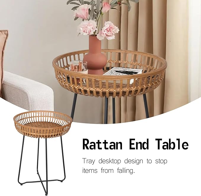 Oakrain Small End Table, Small Round Coffee, Bamboo&Rattan, Accent Table with Boho Style, for Balcony, Livng Room, Bedroom (18.11inch, 1PCS)