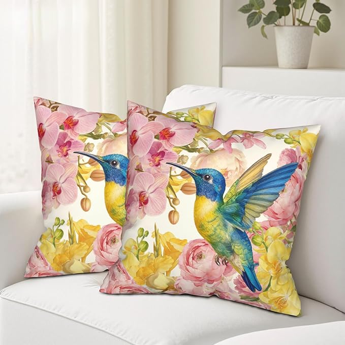 Spring Pillow Covers 24x24 Set of 2 Hummingbird Throw Pillow Covers Pink Yellow Moth Orchid Buttercup Floral Pillow Case for Home Decor Couch Sofa