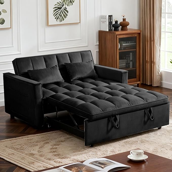 3 in 1 Convertible Sofa Bed, Loveseat Sleeper Sofa Bed with Side Pockets, Velvet Fabric Pull Out Couch with Adjustable Backrest for Living Room, Bedroom, Apartment, Black
