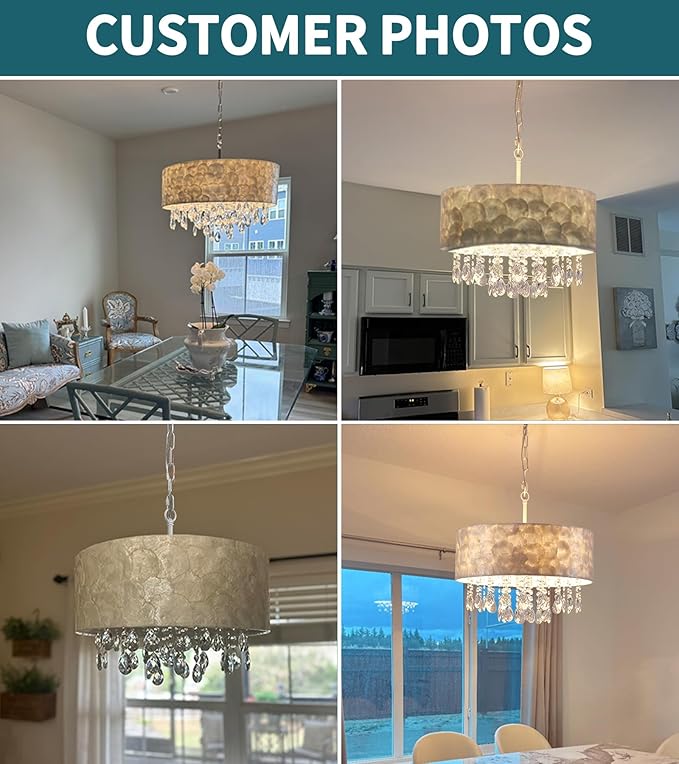 Q&S Boho Coastal Capiz Shell Crystal Chandelier,Modern Glam Luxe Drum D18 inch 4-Light Pendant Light Fixture for Dining Room Living Room Bedroom Kitchen Island Foyer UL Listed