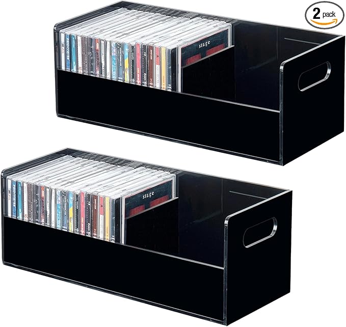 MyGift Modern Premium Black Acrylic Stackable CD Holder Racks with Cutout Carrying Handles, Compact Disc Jewel Case Display Crates, Media Storage Organizers, Set of 2