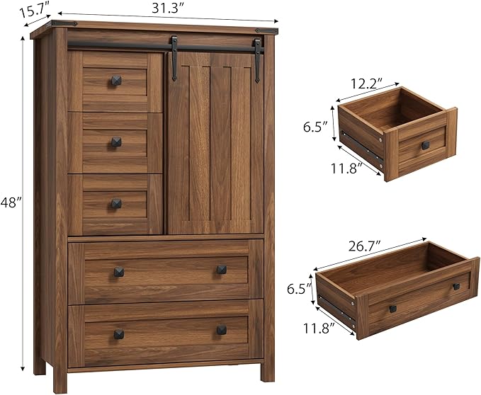 GarveeHome Farmhouse 5 Drawer Dresser for Bedroom, 48" Tall Wood Dressers Chest of Drawer with Sliding Barn Door, Adjustable Shelf, Storage Organizer for Bedroom, Hallway, Living Room, Kitchen, Walnut