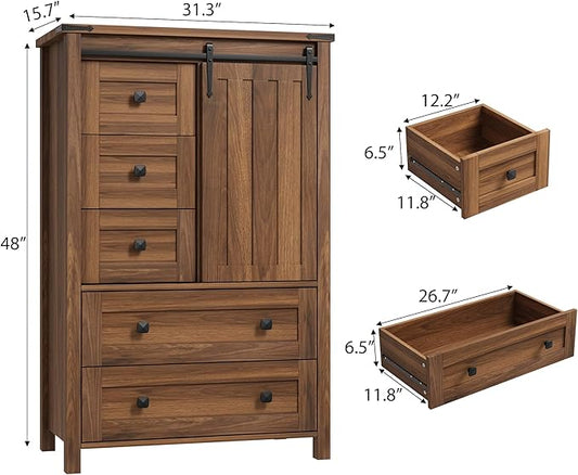 GarveeHome Farmhouse 5 Drawer Dresser for Bedroom, 48" Tall Wood Dressers Chest of Drawer with Sliding Barn Door, Adjustable Shelf, Storage Organizer for Bedroom, Hallway, Living Room, Kitchen, Walnut