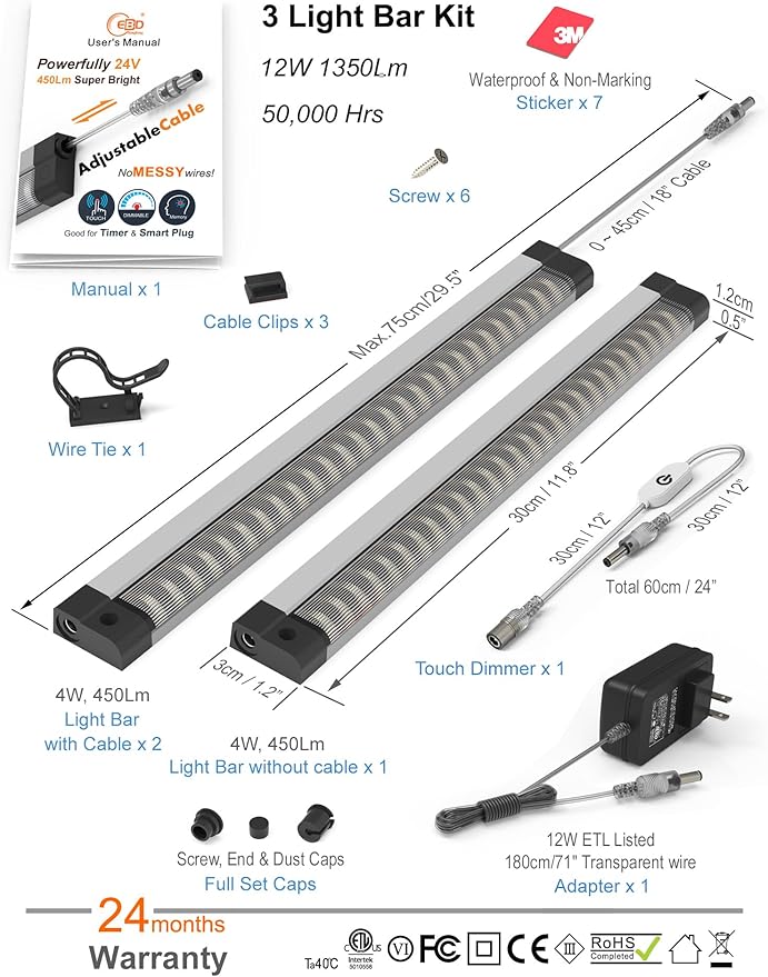 Under Cabinet Lights Built-in ADIUSTABLE Cable LED Light Bar No Messy Wires! Touch Under Counter Lights for Kitchen 3Pcs 6500K Cool White 1350Lm Under Cabinet Lighting Good for Timer Smart Plug