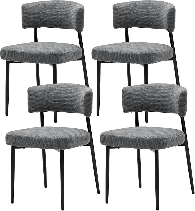 DUMOS Dining Chairs Set of 4, Mid Century Modern Chair Round Upholstered Curved Backrest, Kitchen Vanity Living Room Chairs with Black Metal Legs, Grey