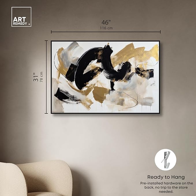 Art Remedy Moved Abstraction Canvas Modern Black White Abstract Wall Art, Black Frame, 45" x 30"