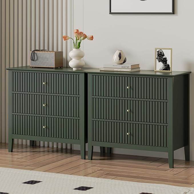 RoyalCraft Large 3 Drawer Dresser Set of 2, Fluted Chest of Drawers with Storage, Modern Painted 30 inch Tall Nightstand for Bedroom Living Room Entryway, Dark Green