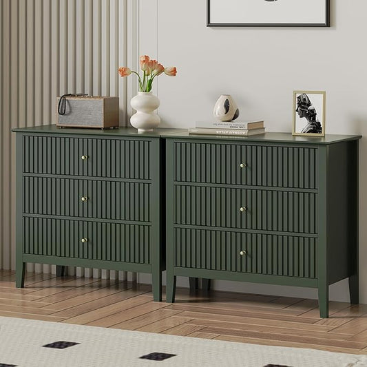 RoyalCraft Large 3 Drawer Dresser Set of 2, Fluted Chest of Drawers with Storage, Modern Painted 30 inch Tall Nightstand for Bedroom Living Room Entryway, Dark Green