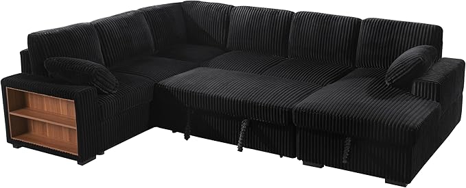 ERYE Oversized U-Shaped Pull Out Sleeper Couch Bed, Modern U Shaped Sleeper Sectional Sofa Corduroy Corner Convertible Sofa Bed with Storage Chaise Lounge and Cabinet