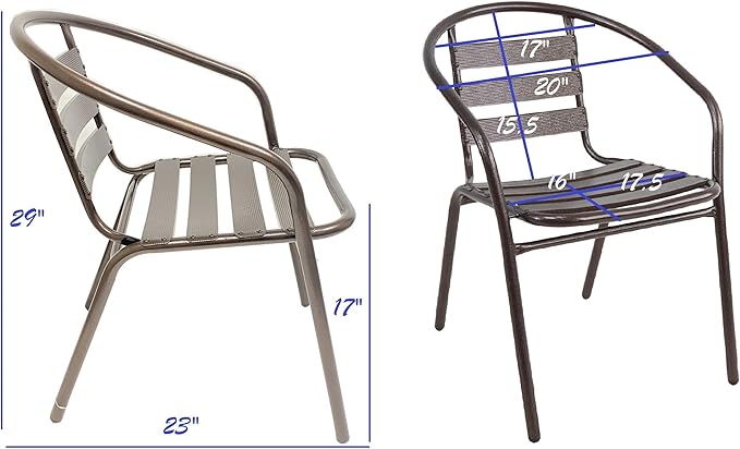 BTEXPERT Indoor Outdoor 28" Tempered Glass Trim Restaurant Aluminum Slat Stack Lightweight, 3 Metal Chairs with a Square Rattan Table, Bronze/Brown