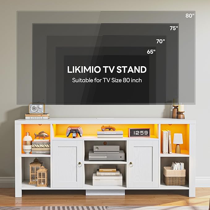 LIKIMIO TV Stand for TVs 80 inch with LED Lights & Power Outlet, Entertainment Center with Cabinets, Adjustable Shelves and Open Shelves, Modern Media TV Console Living Room, White