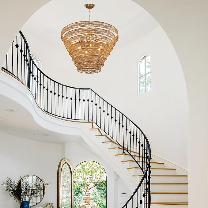 Hand-Woven Rattan Chandelier Vintage Farmhouse 15-Lights Boho Bamboo Large Chandeliers Light Fixture 7-Tier Drum Wicker Chandelier for Dining Room, Living Room, Kitchen, E12