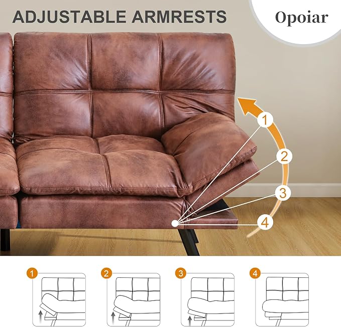 Opoiar Leather Brown Futon Sofa Bed Convertible Memory Foam Couch Bed Futon Sets Folding Modern Sleeper Sofa Loveseat for Studio,Drom,Apartment,Game Room and Small Space
