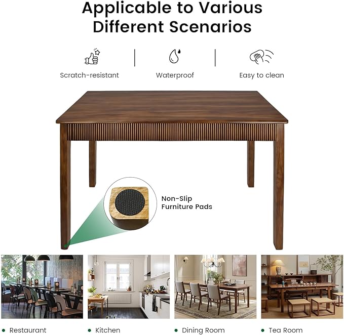 55" Solid Wood Dining Room Table for 4-6,Modern Farmhouse Rectangular Kitchen Real Wooden Table,Mid Century Fluted Design Large Furniture Desk for Home,Apartment,Living Room Walnut