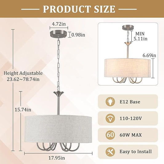 18'' Drum Chandeliers for Dining Room, 6-Light Modern Farmhouse Chandelier Linen Pendant Light, Brushed Nickel Round Chandelier Hanging Light Fixture for Living Room Bedroom Foyer