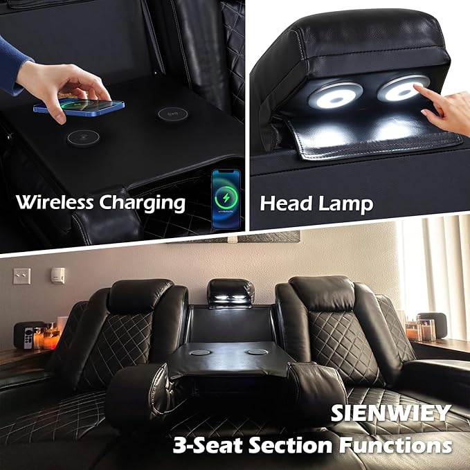 Leather Power Recliner Sectional Sofa Set with LED Light,L Shaped Leather Couch Set with 5 Recliner Seats,Modular Couch with USB Ports for Living Room Furniture(Black, Sectional+Sofa+Chair)