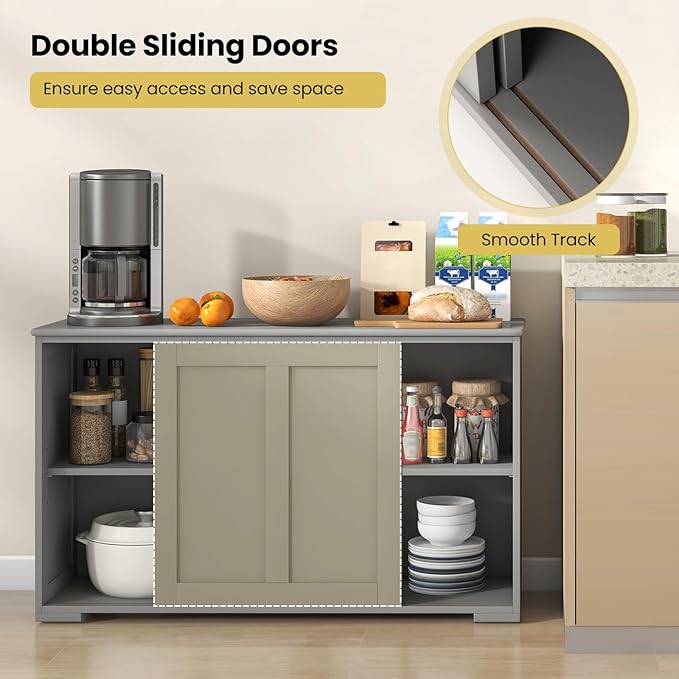 Giantex Set of 2 Buffet Cabinet, Coffee Bar Wine Cabinet, Farmhouse Accent Sideboard with Sliding Door, Adjustable Shelves, Cupboard, Storage Cabinet for Kitchen Entryway, Grey