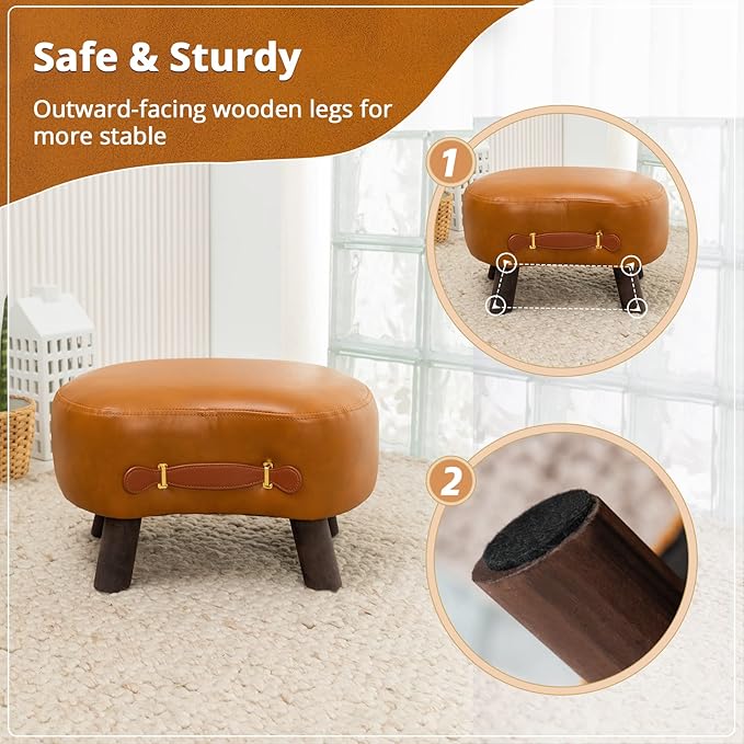 LUE BONA Small Curved Foot Stool with Handle, Whisky Brown Velvet Footstool and Ottomans, Modern Foot Rest with Wooden Legs, Step Stool with Padded Seat for Couch, Living Room