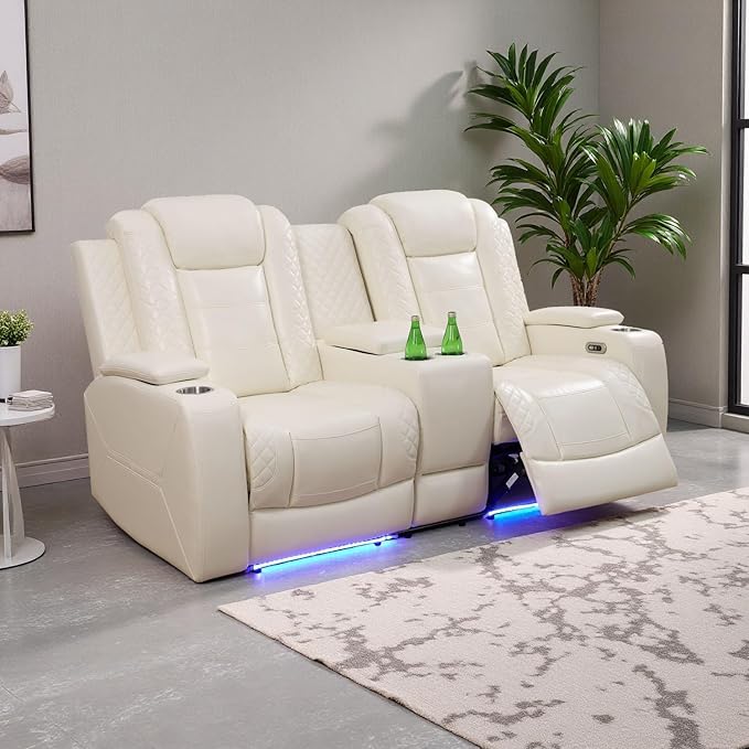 Leather Power Recliner Loveseat with LED Lights, Home Theater Reclining Sofa Loveseat, 2 Seater Reclining Couch with Storage/Cup Holders/USB Port for Living Room/Bedroom/Office, Cream White