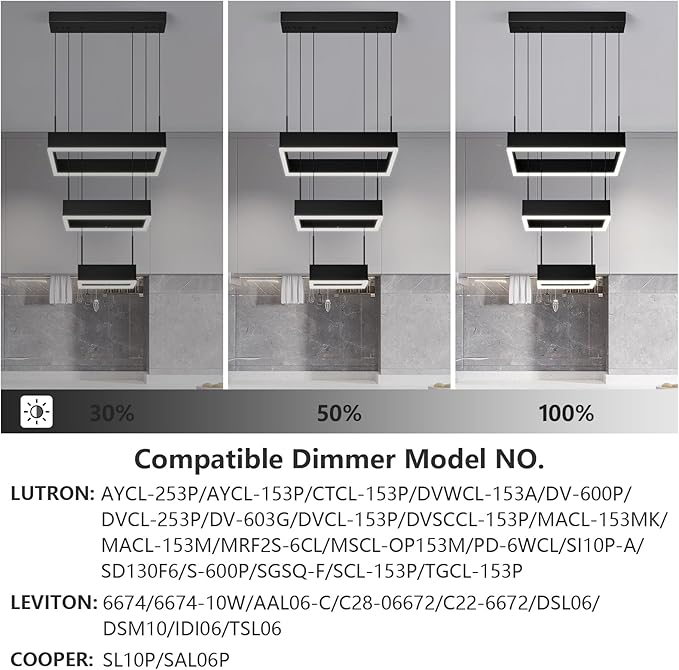 Modern LED Chandelier 3 Ring Dimmable Square Black Adjustable Pendant Ceiling Light Fixture for Foyer, Dining Room, Bedroom, Living Room