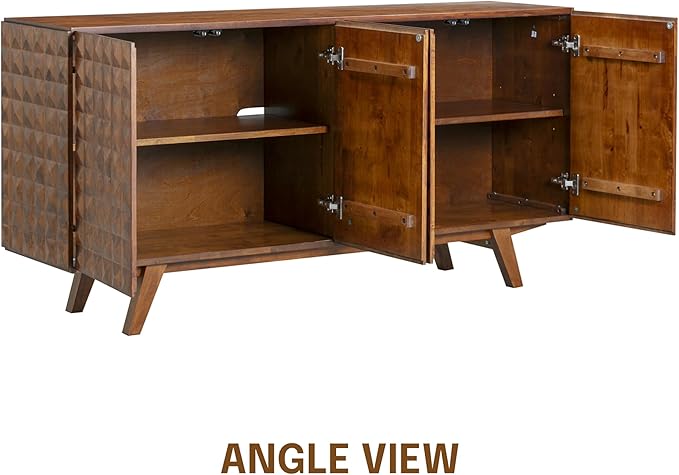 NTC Sapa Mid-Century Modern Solid Wood Sideboard – 4-Door Accent Buffet Cabinet with Carved Geometric Fronts, for Living Room, or Entryway, Effortless Assembly, Dark Walnut