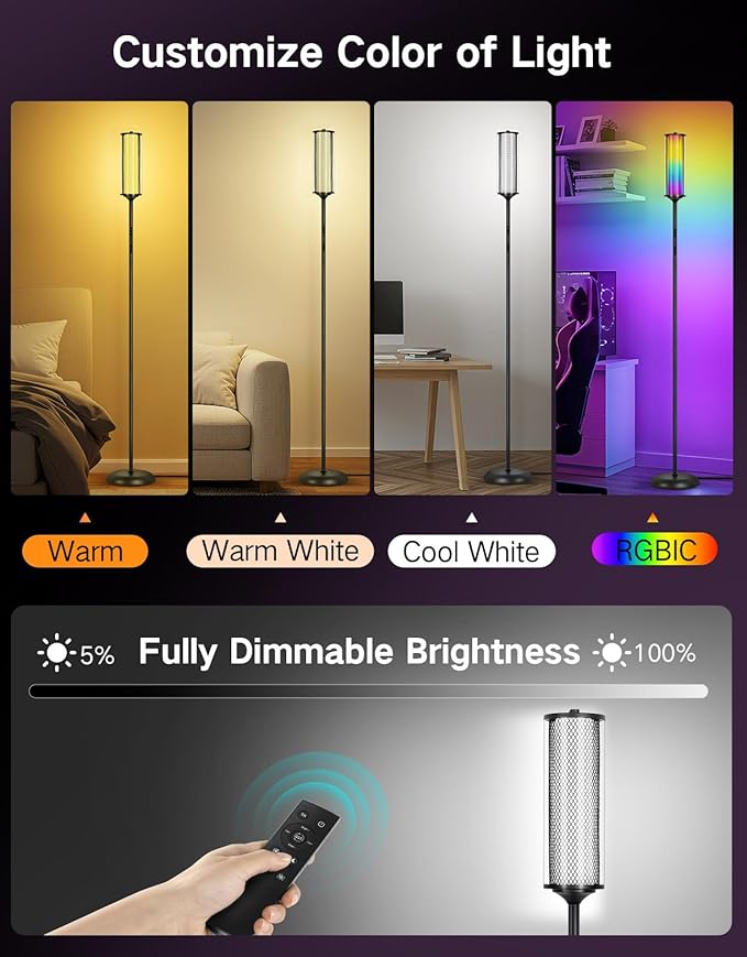 OUTON LED Floor Lamp with Remote & APP Control, Tall Standing Lamp, 16 Million Colors, 32 Scene Modes & Music Sync, Modern Corner Lamps for Living Room, Bedroom, Gaming, Black & Glass Lampshade