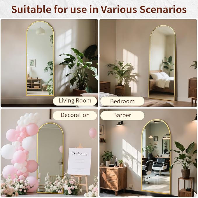 71" x 30" Arch Full Length Mirror - Floor Full Body Mirror with Aluminum Frame - Standing, Leaning or Hanging, for Bedroom, Living Room, Gold