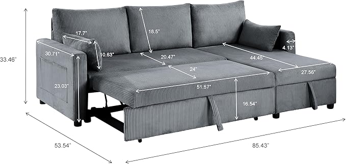 Sectional Sleeper Sofa with Pull Out Bed, L Shape Convertible Sofa Bed Couch with Storage Chaise, 3 in 1 Pull Out Sofa Bed with 3 Seats for Living Room,Apartment, Gray, 85Inch