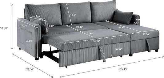 Sectional Sleeper Sofa with Pull Out Bed, L Shape Convertible Sofa Bed Couch with Storage Chaise, 3 in 1 Pull Out Sofa Bed with 3 Seats for Living Room,Apartment, Gray, 85Inch