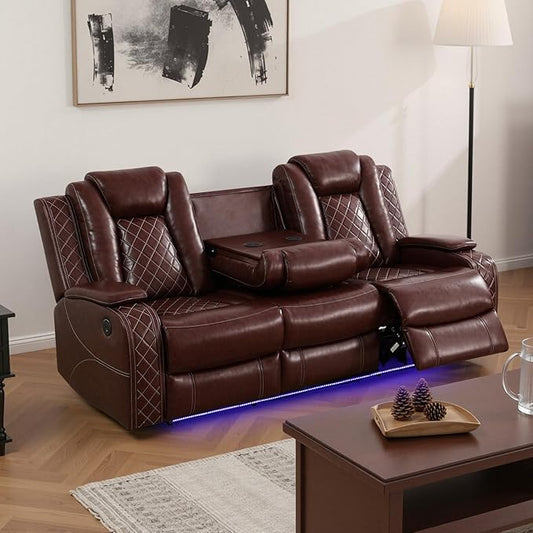Power Recliner Sofa Set for Living Room, Leather Reclining Sofa Sets with Storage Console, Living Room Furniture Sets with LED Lights(Sofa,Wine)