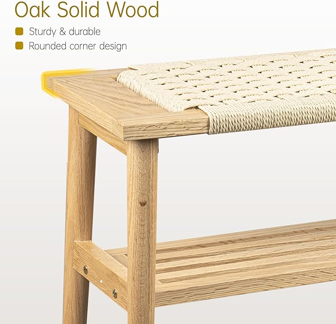 Solid Wood Narrow Bench with Storage, 33.46" Woven Bench for Entryway and Hallway, End of Bed Bench with Oak Frame, Boho Accent Bench (Natural White)