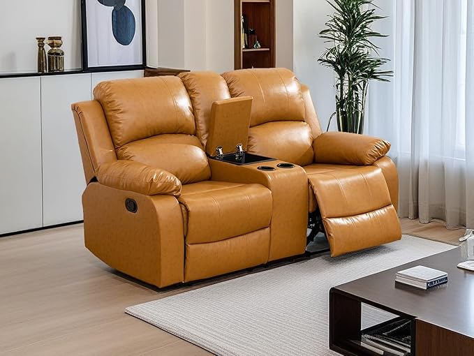 Bonded Leather Recliner Loveseat Couch Manual Reclining 2 Seater Reclining Sofa Living Room Couch with Cup Holders & Middle Storage Console for Home/Office/Rv Car (Ginger, Loveseat)