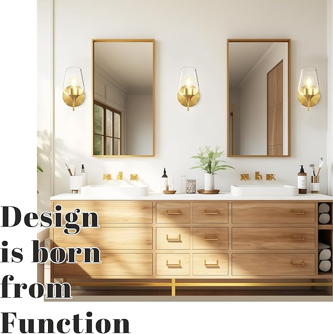 Hamilyeah Gold Sconces Wall Lighting Set of 2, Bathroom Wall Lighting Fixtures Brass, Modern and Vintage Wall Lights with Clear Champagne Glass Shade for Bedroom,Fireplace,Hallway,Kitchen