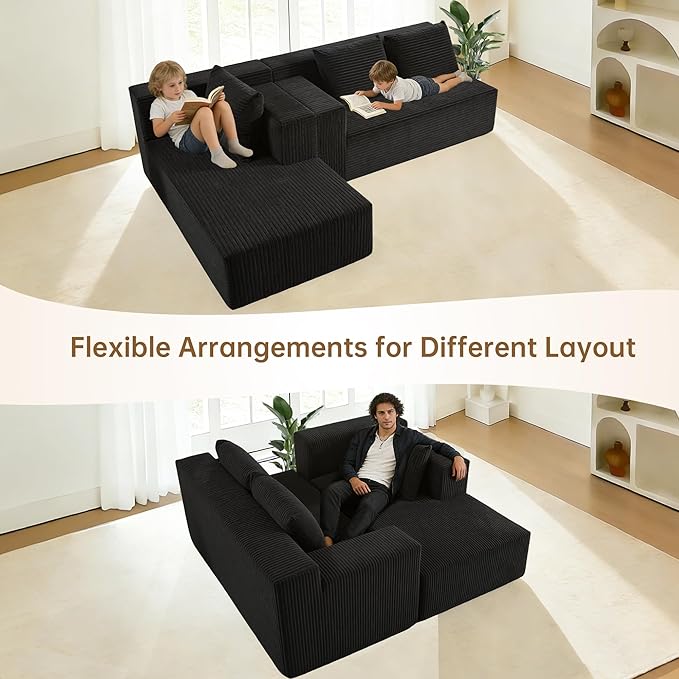 Nigoone 103" Sectional Couch for Living Room, Modular L Shaped Black Couches, Large Minimalist Modern Deep Seat Boneless Sofa, Corduroy, No Assembly | 16" Seat Height