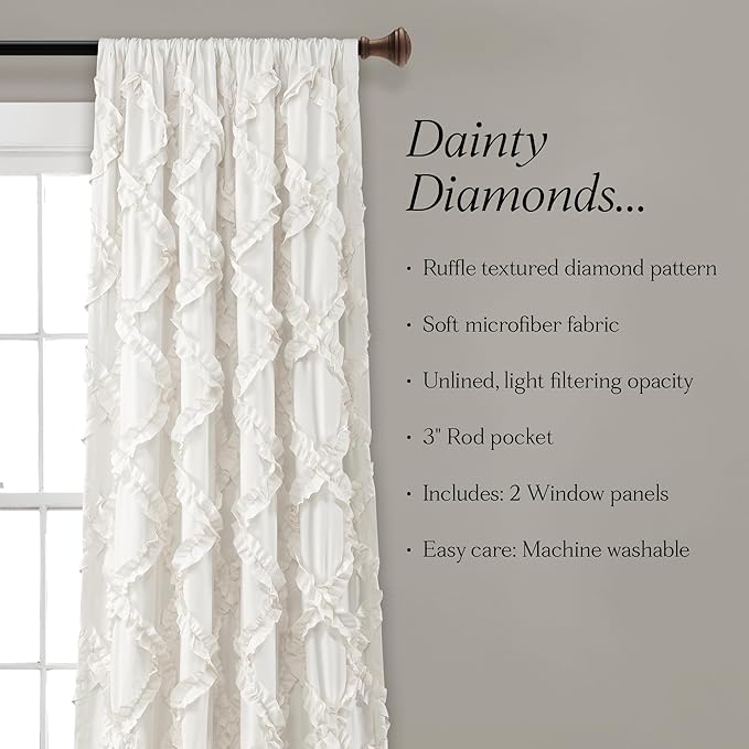 Lush Decor, White Ruffle Diamond Curtains Textured Window Panel Set for Living, Dining Room, Bedroom (Pair), 84” x 54, 2 Count