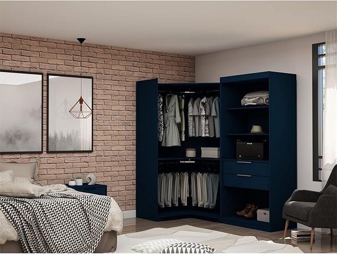 Manhattan Comfort Mulberry 2.0 Corner Wardrobe Closet with Drawers, Hanging Rods and Adjustable Shelves, 2-Piece Free Standing, Open Sectional Design for Bedrooms & Dressing Rooms, Midnight Blue