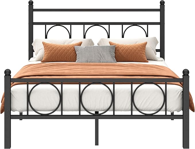 Full Size Bed Frame Classic Metal Platform Bed Frame Mattress Foundation with Victorian Style Iron-Art Headboard/Footboard/Storage Space/No Box Spring Needed/Black
