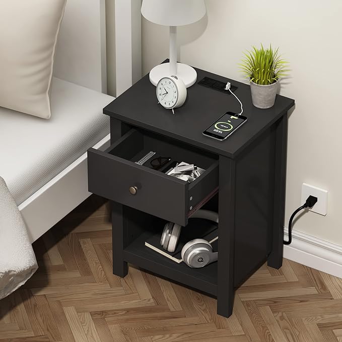 ChooChoo Black Nightstand Set of 2,Night Stand with Charging Station, Wooden Top Bedside End Table with Drawer and Storage Space for Bedroom